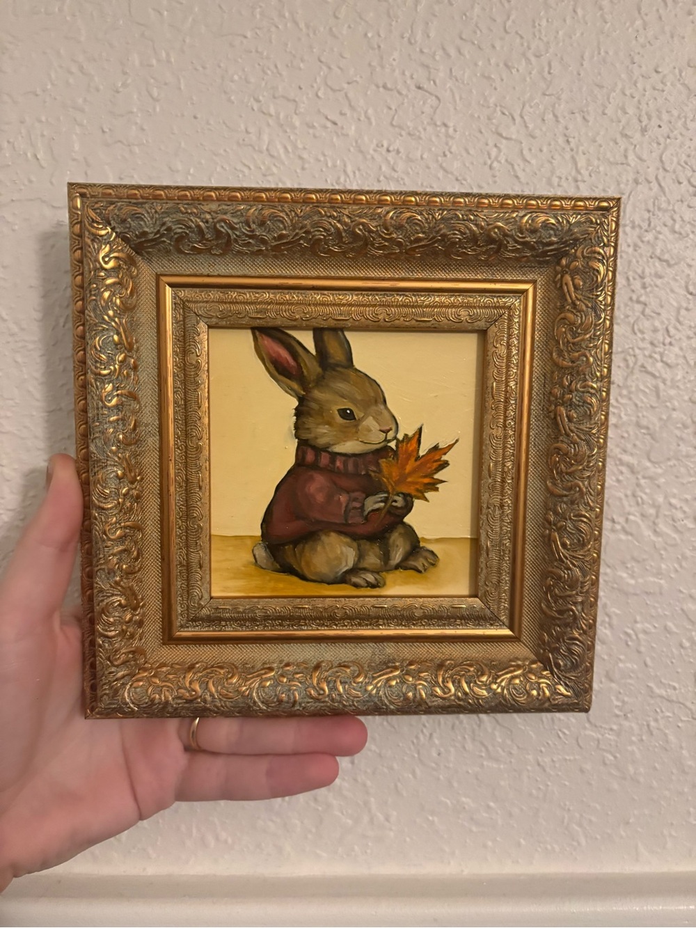 "Cozy Maroon Bunny” Original oil painting on wood board mini framed 4x4"